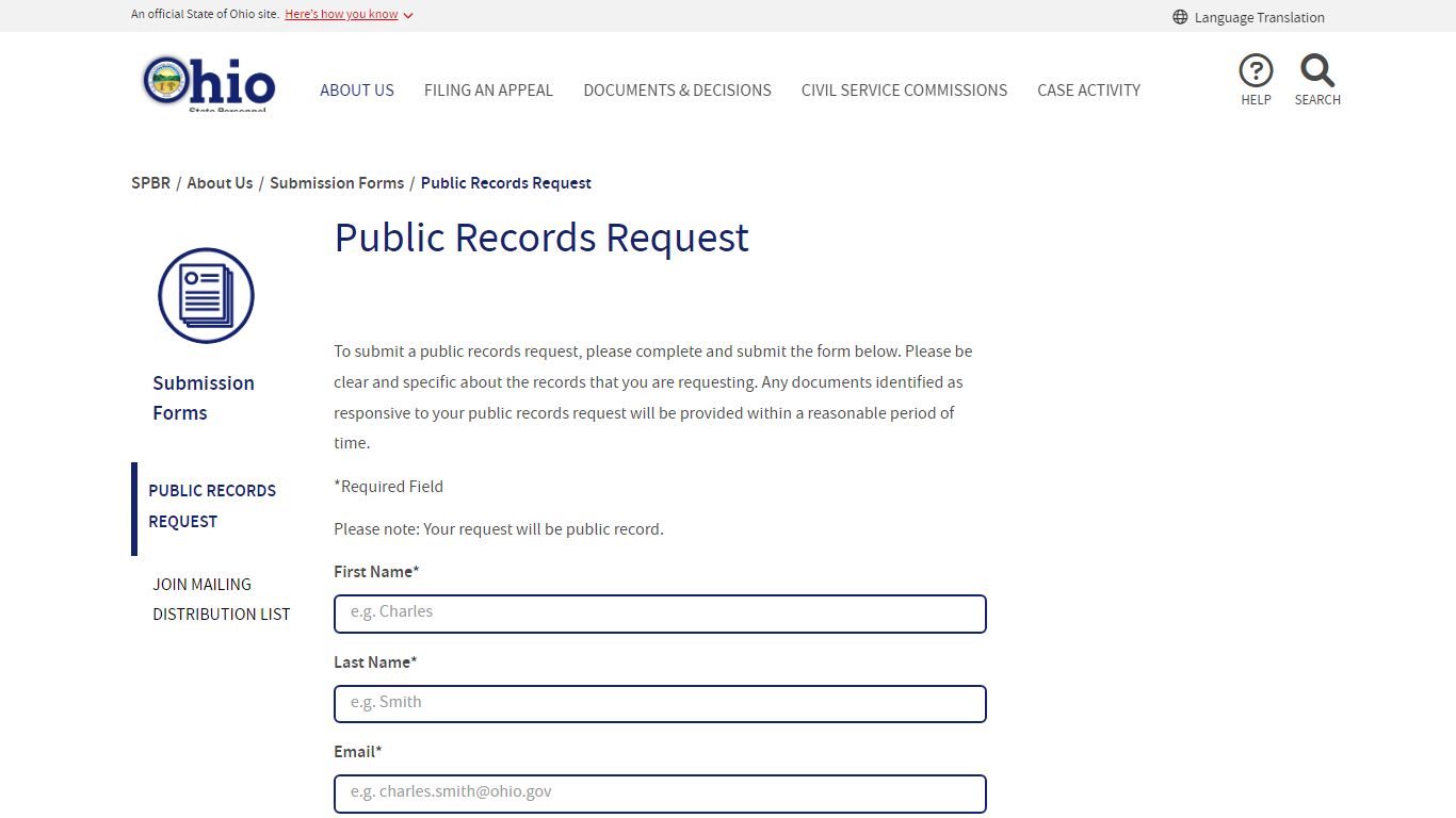 Public Records Request - Ohio