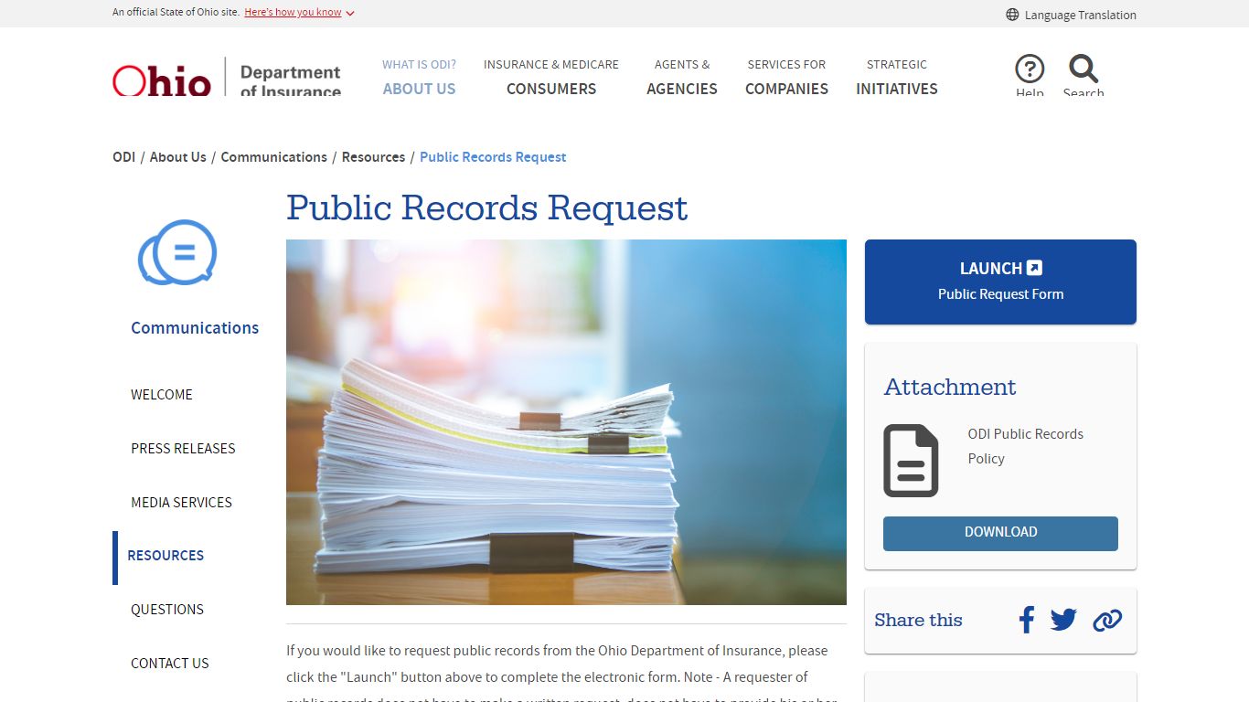 Public Records Request - Ohio Department of Insurance